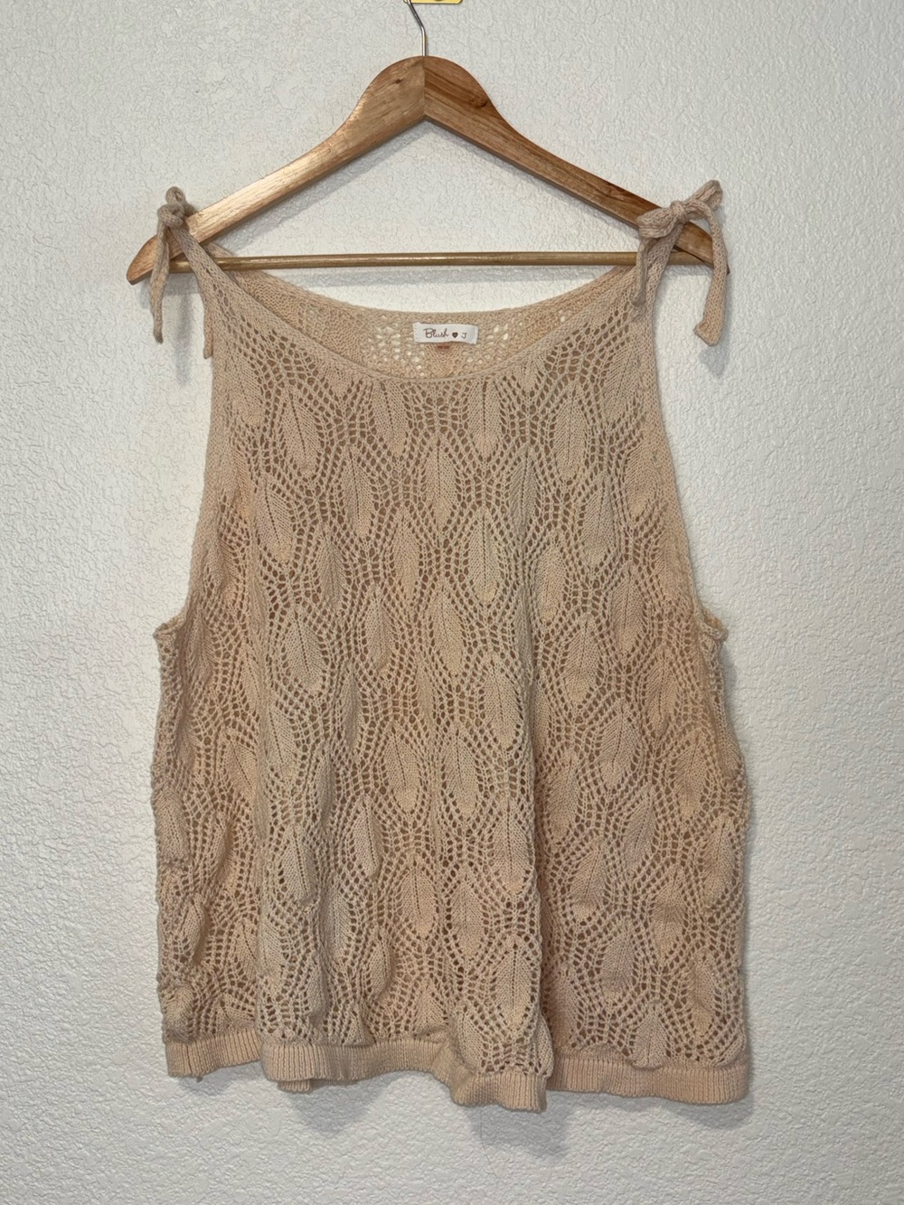 Blush J 100% Cotton Open Knit Boho Tank Top One Size Beige Tie Shoulder